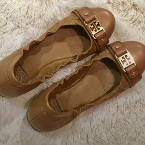Tory Burch Cline Camel Leather Gold Logo ballet flat 9